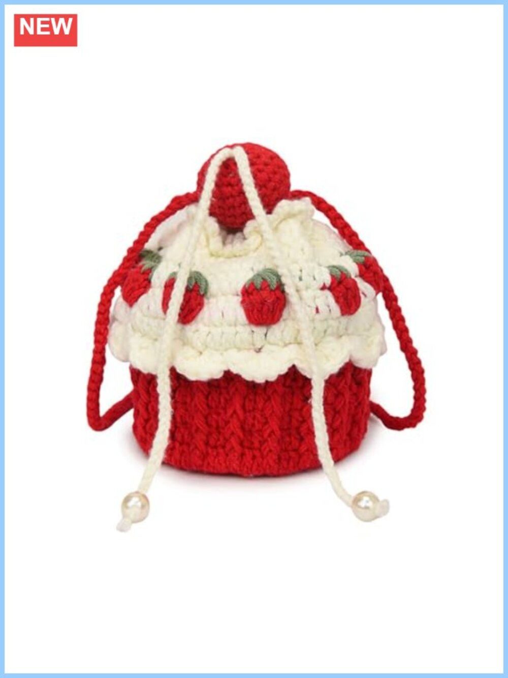 Handmade Crochet Strawberry Cake Crossbody Bag Drawstring Shoulder Pouch